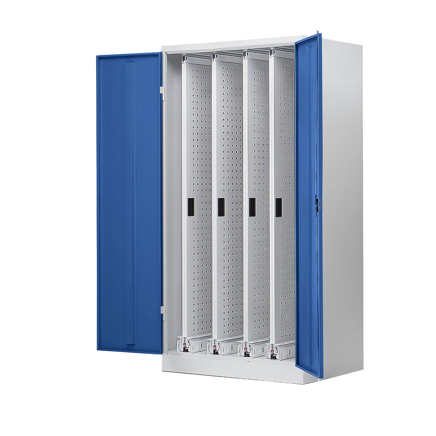 Vertical pull-out cupboard, with 4 drawers, light grey / gentian blue.