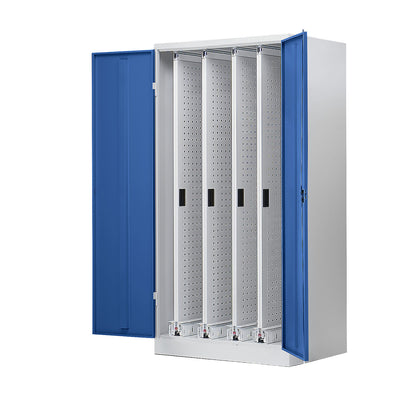 Vertical pull-out cupboard, with 4 drawers, light grey / gentian blue.