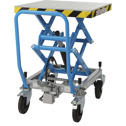 Double scissor lifting platform truck, max. load 500 kg, lifting range 460 - 1400 mm, solid rubber tyres.