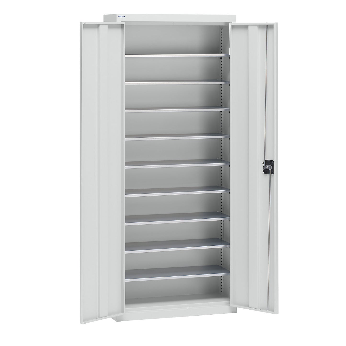 Storage cupboard made of sheet steel, height 1575 mm, light grey RAL 7035, 9 shelves.