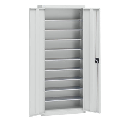 Storage cupboard made of sheet steel, height 1575 mm, light grey RAL 7035, 9 shelves.