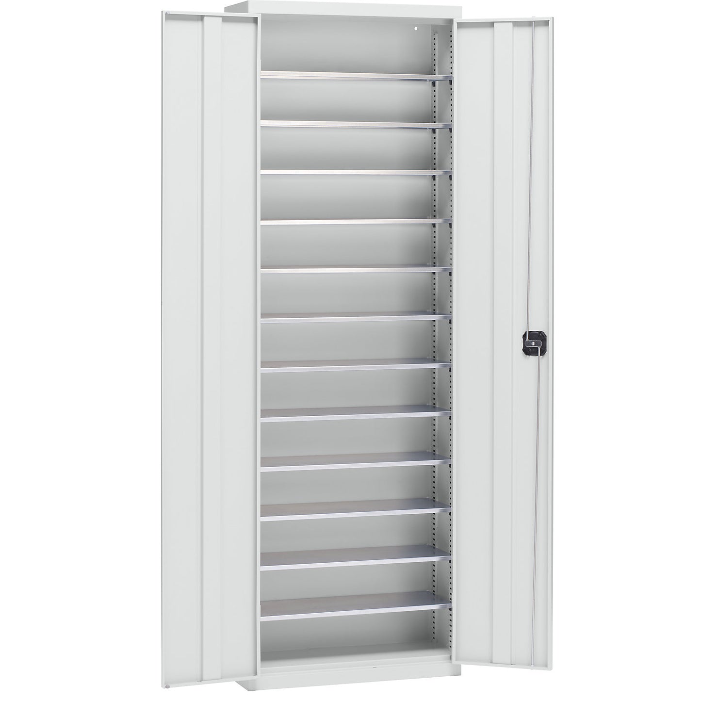 Storage cupboard made of sheet steel, height 2000 mm, light grey RAL 7035, 12 shelves.
