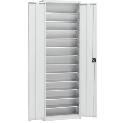 Storage cupboard made of sheet steel, height 2000 mm, light grey RAL 7035, 12 shelves.