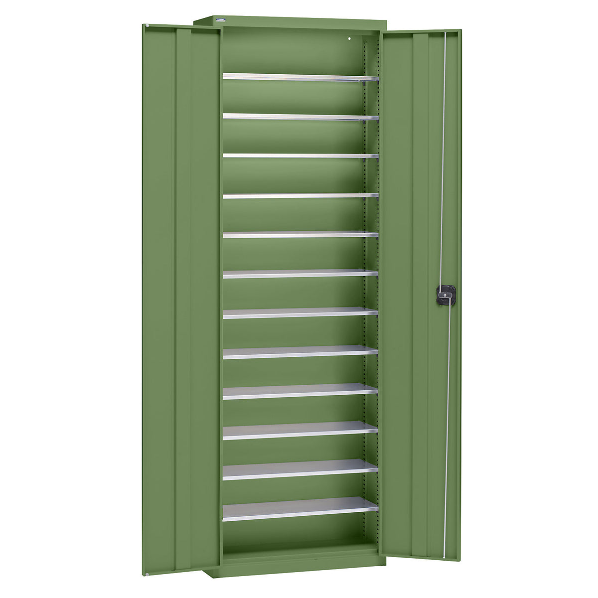 Storage cupboard made of sheet steel, height 2000 mm, reseda green RAL 6011, 12 shelves.