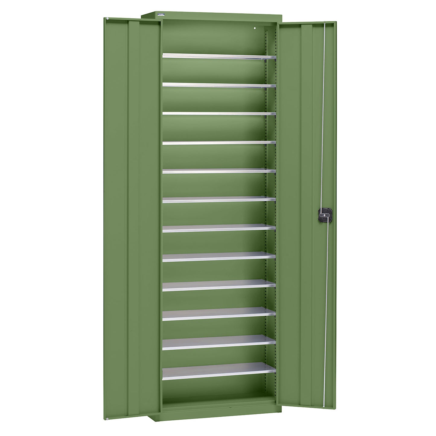 Storage cupboard made of sheet steel, height 2000 mm, reseda green RAL 6011, 12 shelves.