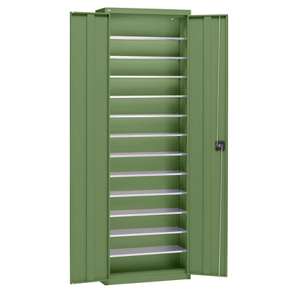 Storage cupboard made of sheet steel, height 2000 mm, reseda green RAL 6011, 12 shelves.