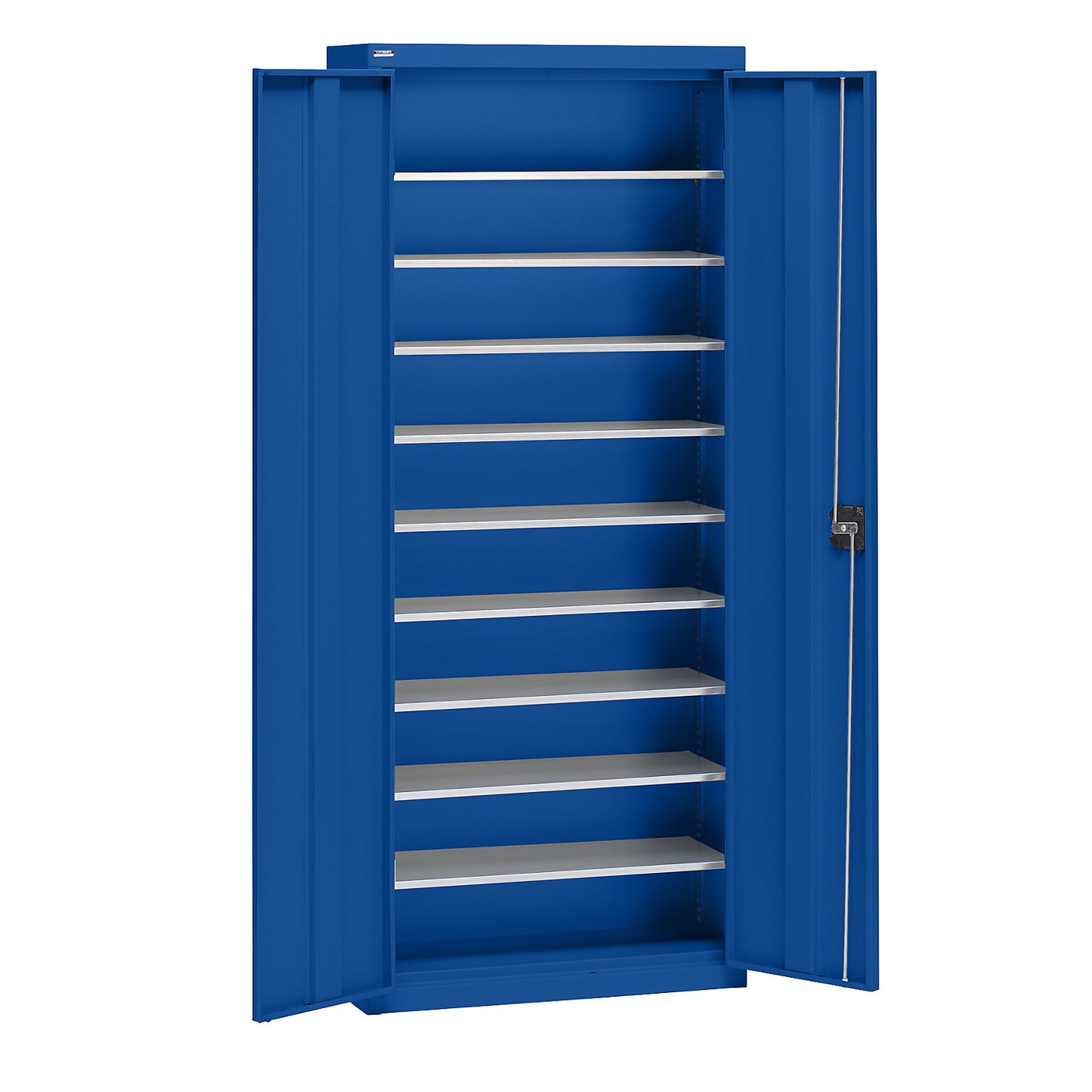 Storage cupboard made of sheet steel, height 1575 mm, gentian blue RAL 5010, 9 shelves.