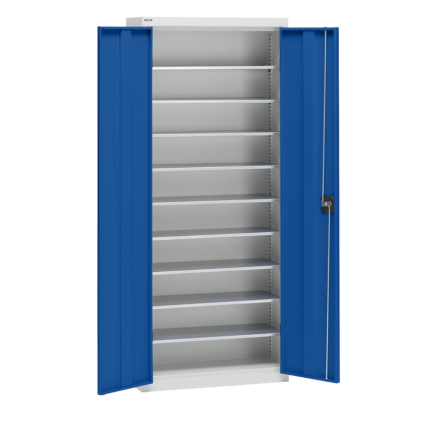Storage cupboard made of sheet steel, height 1575 mm, light grey RAL 7035 / gentian blue RAL 5010, 9 shelves.