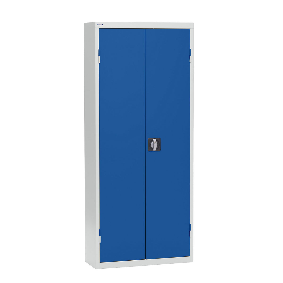 Storage cupboard made of sheet steel, height 1575 mm, light grey RAL 7035 / gentian blue RAL 5010, 9 shelves.
