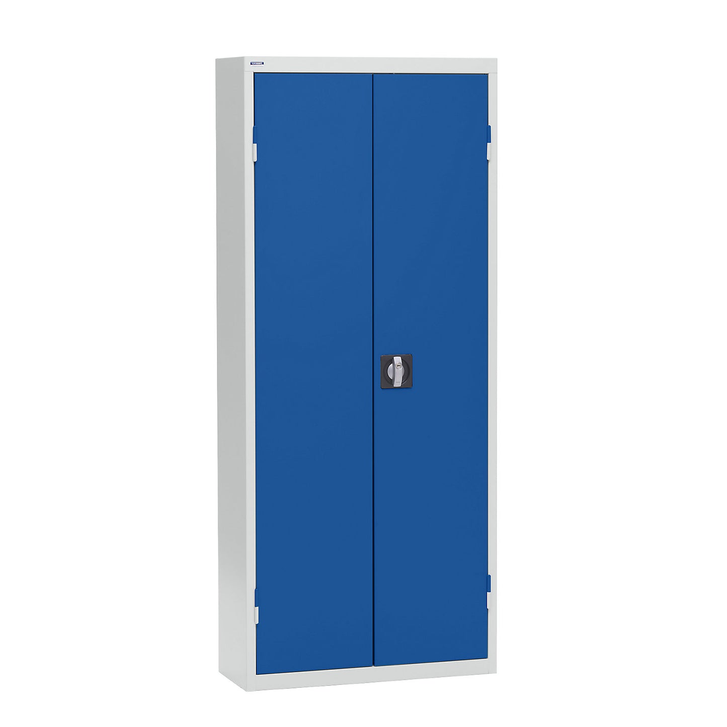 Storage cupboard made of sheet steel, height 1575 mm, light grey RAL 7035 / gentian blue RAL 5010, 9 shelves.
