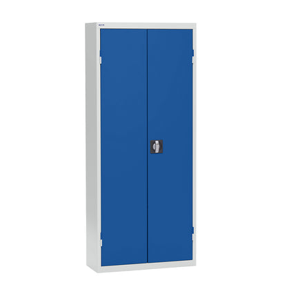 Storage cupboard made of sheet steel, height 1575 mm, light grey RAL 7035 / gentian blue RAL 5010, 9 shelves.