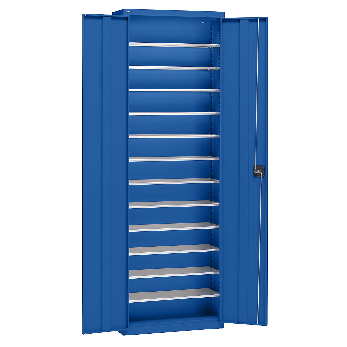 Storage cupboard made of sheet steel, height 2000 mm, gentian blue RAL 5010, 12 shelves.