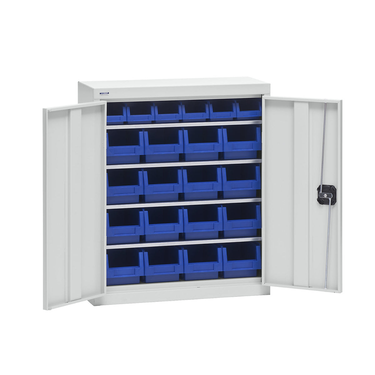 Storage cupboard with storage boxes, height 780 mm, 4 shelves, light grey.