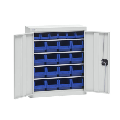 Storage cupboard with storage boxes, height 780 mm, 4 shelves, light grey.