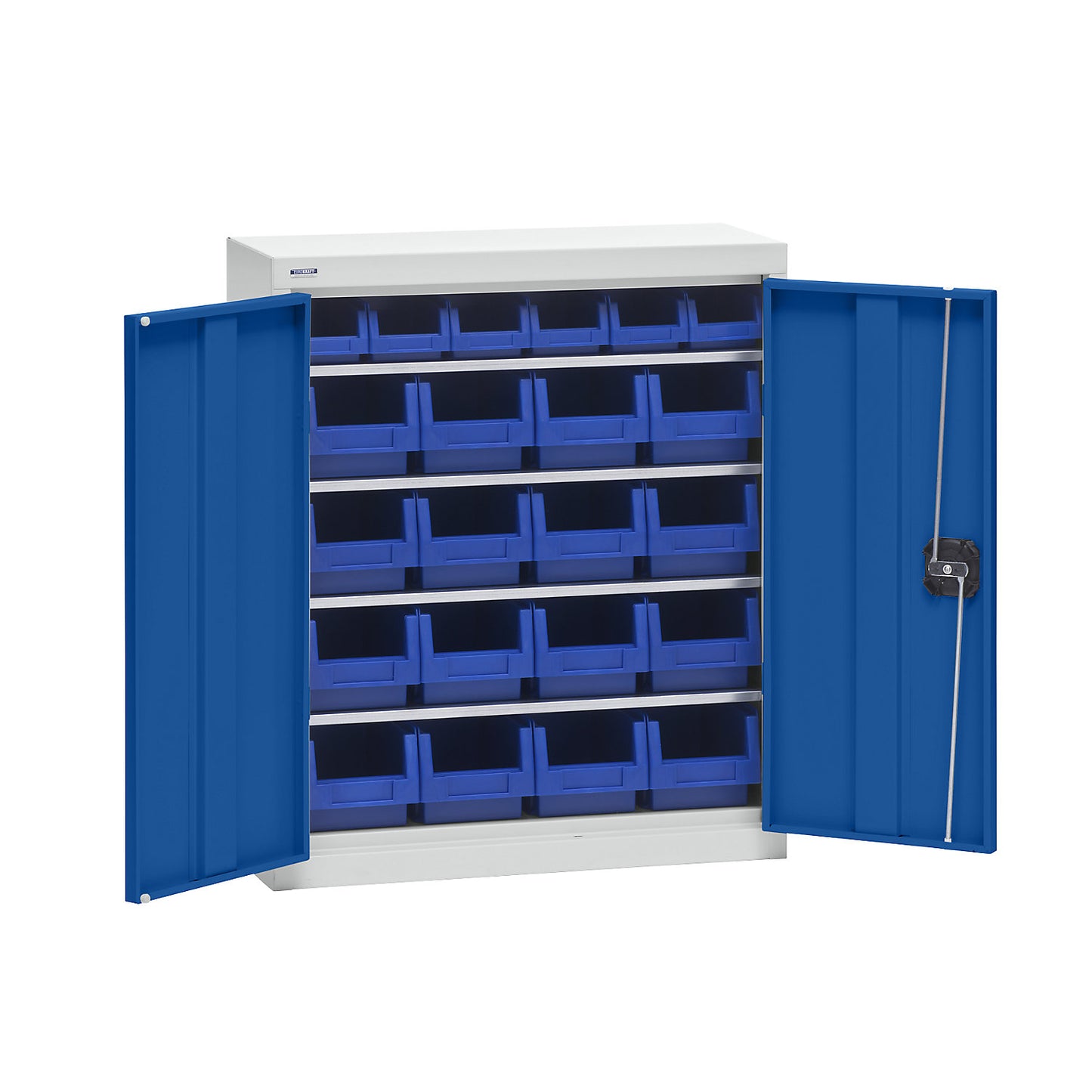 Storage cupboard with storage boxes, height 780 mm, 4 shelves, light grey / gentian blue.