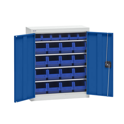 Storage cupboard with storage boxes, height 780 mm, 4 shelves, light grey / gentian blue.