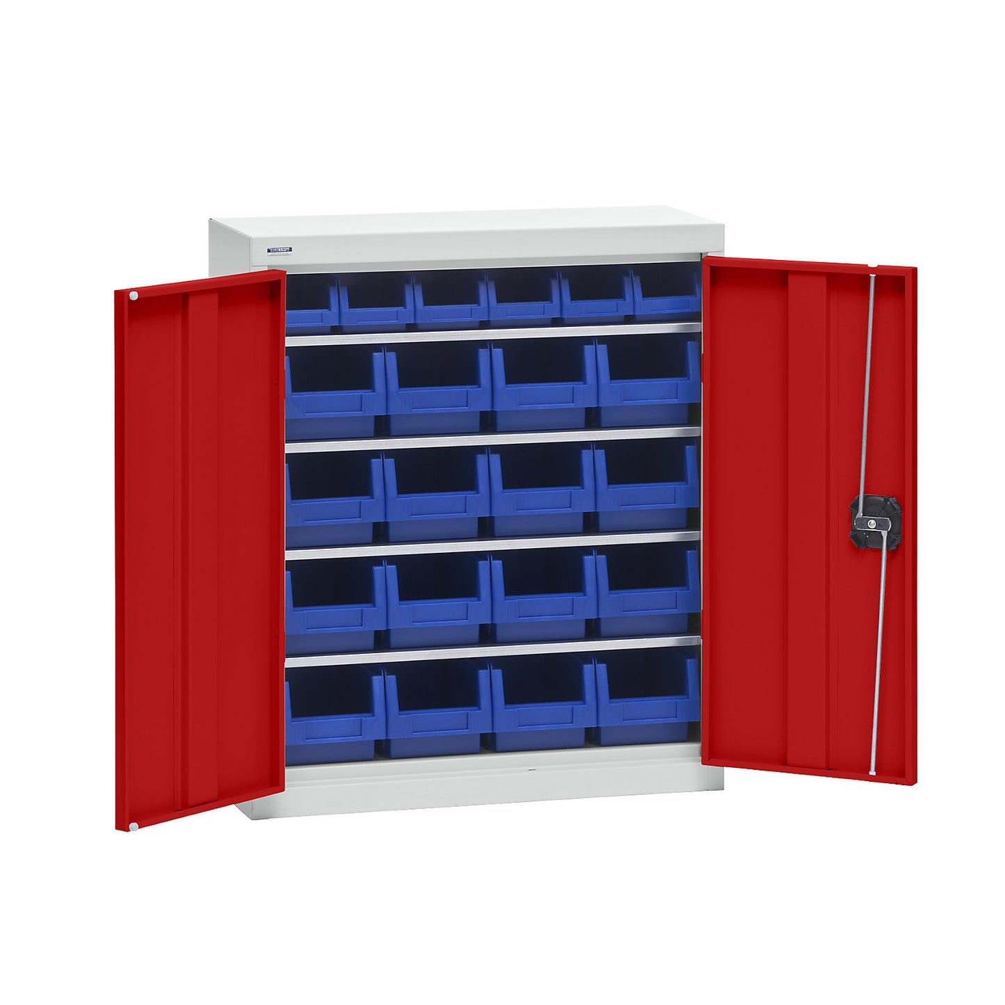 Storage cupboard with storage boxes, height 780 mm, 4 shelves, light grey / traffic red.