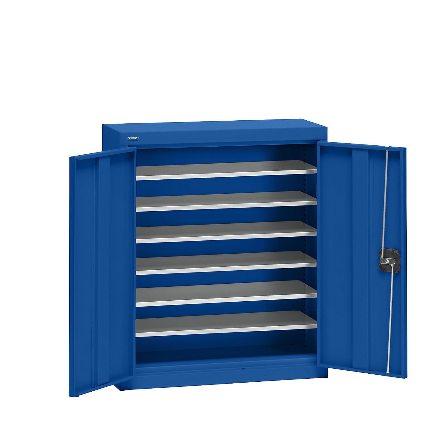 Storage cupboard made of sheet steel, height 780 mm, gentian blue RAL 5010, 6 shelves.