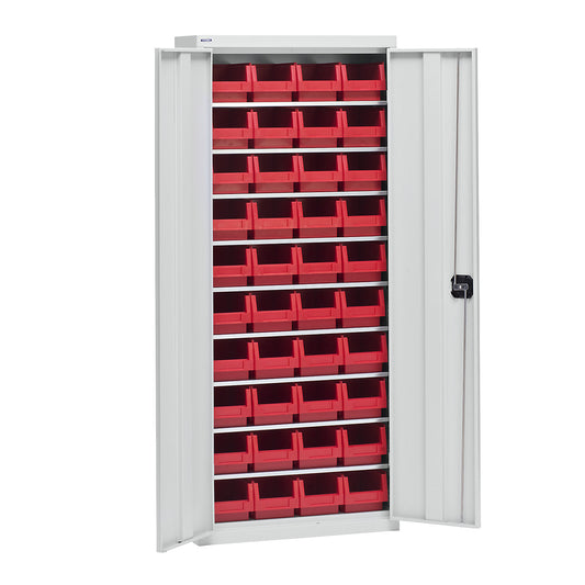 Storage cupboard with storage boxes, height 1575 mm, 9 shelves, light grey.