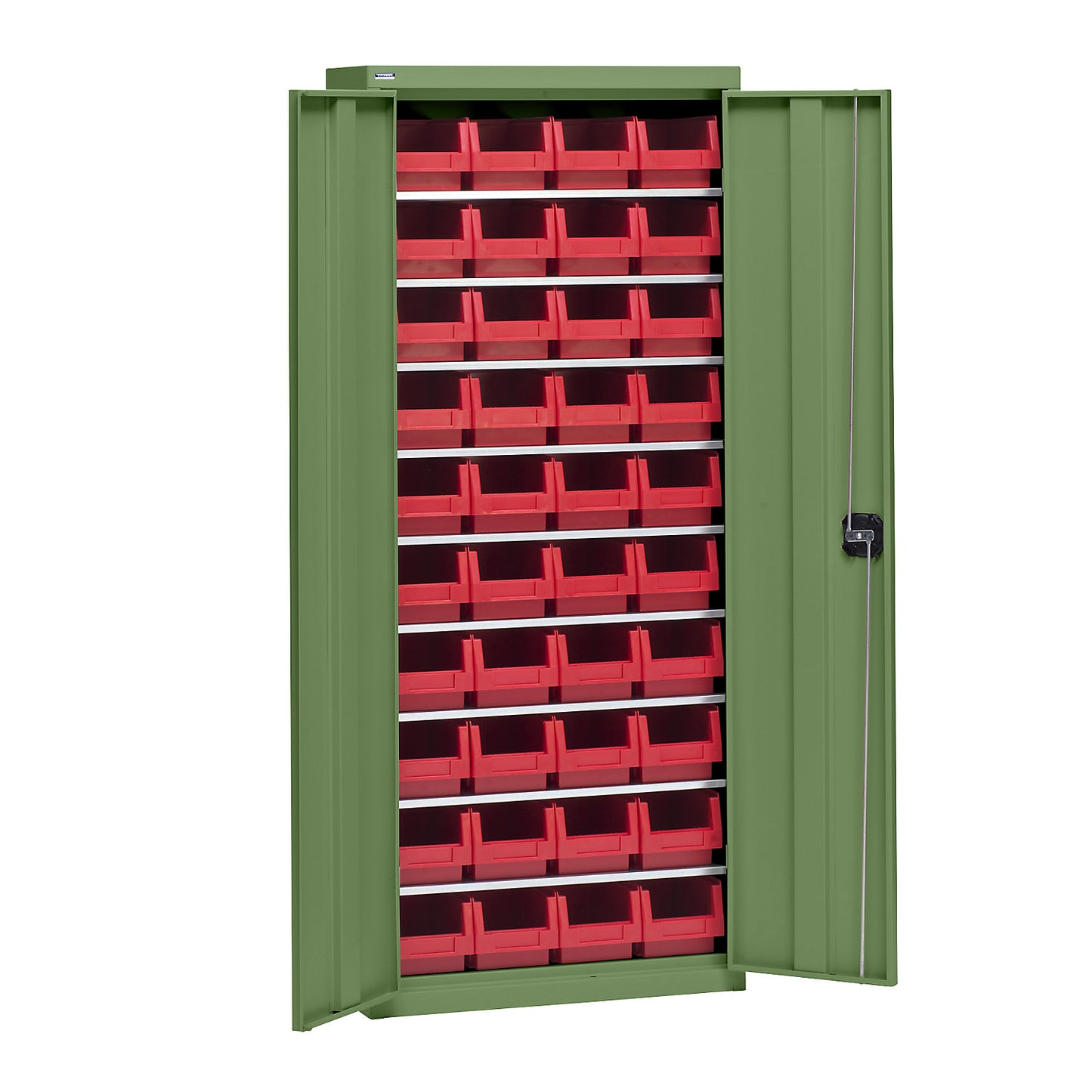 Storage cupboard with storage boxes, height 1575 mm, 9 shelves, reseda green.