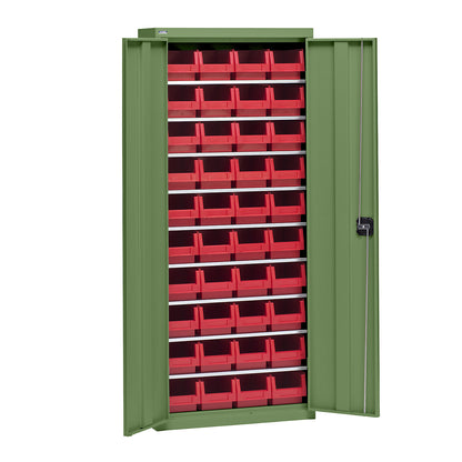 Storage cupboard with storage boxes, height 1575 mm, 9 shelves, reseda green.