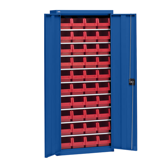 Storage cupboard with storage boxes, height 1575 mm, 9 shelves, gentian blue.