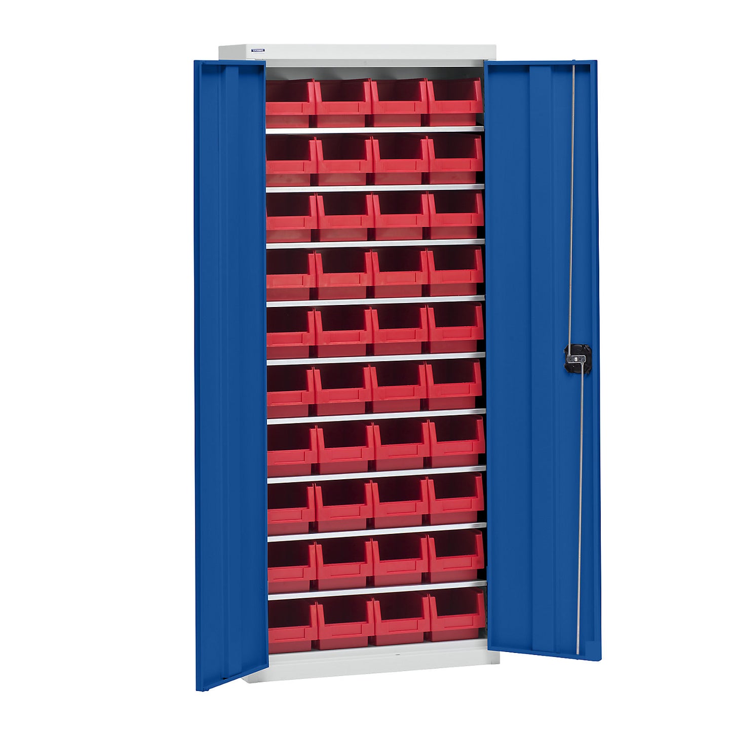 Storage cupboard with storage boxes, height 1575 mm, 9 shelves, light grey / gentian blue.