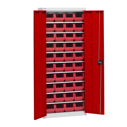 Storage cupboard with storage boxes, height 1575 mm, 9 shelves, light grey / traffic red.