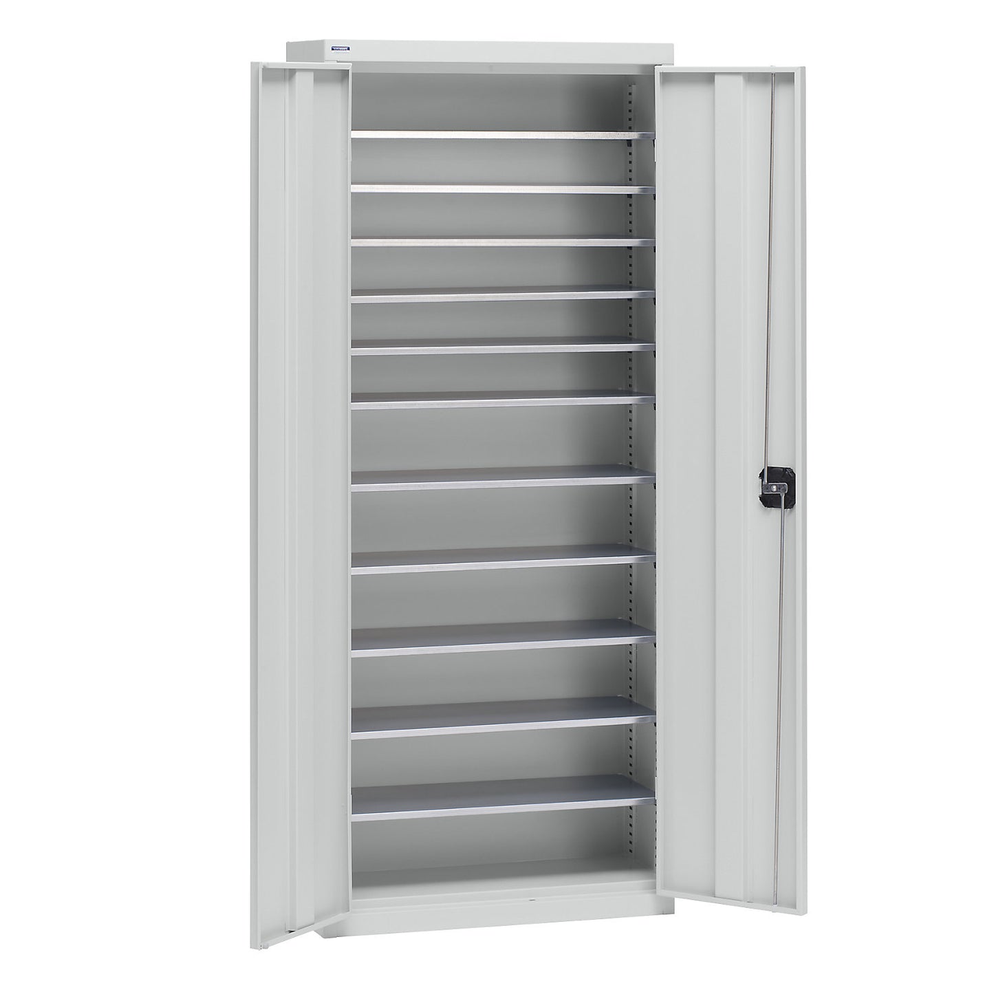 Storage cupboard made of sheet steel, height 1575 mm, light grey RAL 7035, 11 shelves.