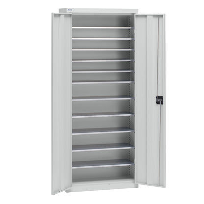 Storage cupboard made of sheet steel, height 1575 mm, light grey RAL 7035, 11 shelves.