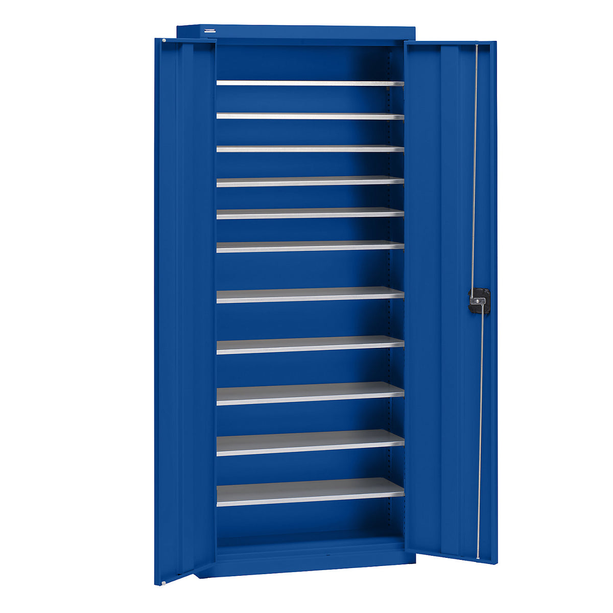Storage cupboard made of sheet steel, height 1575 mm, gentian blue RAL 5010, 11 shelves.