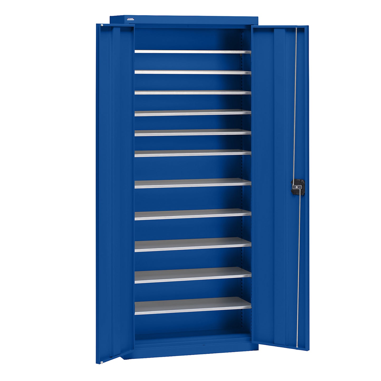 Storage cupboard made of sheet steel, height 1575 mm, gentian blue RAL 5010, 11 shelves.