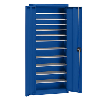 Storage cupboard made of sheet steel, height 1575 mm, gentian blue RAL 5010, 11 shelves.