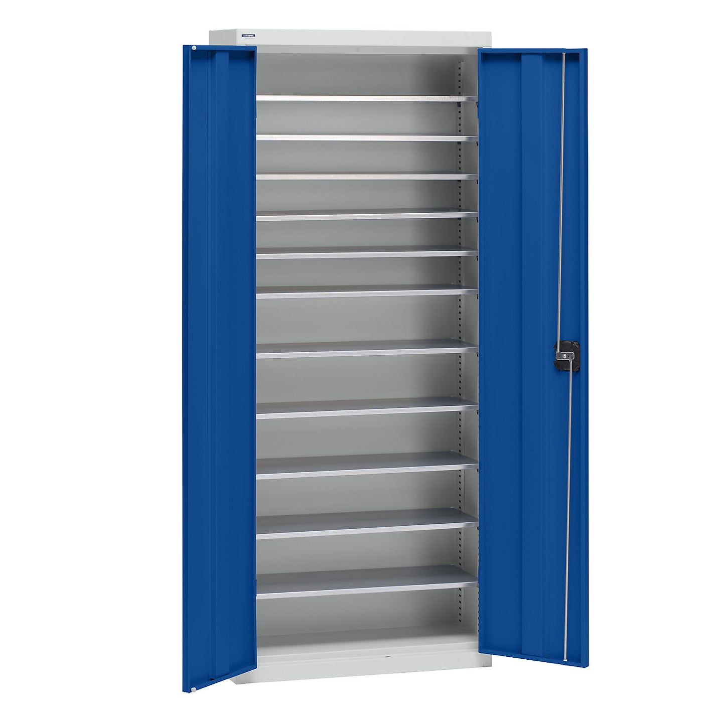 Storage cupboard made of sheet steel, height 1575 mm, light grey RAL 7035 / gentian blue RAL 5010, 11 shelves.