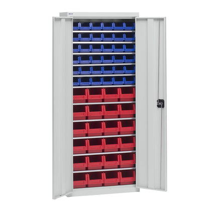 Storage cupboard with storage boxes, height 1575 mm, 11 shelves, light grey.