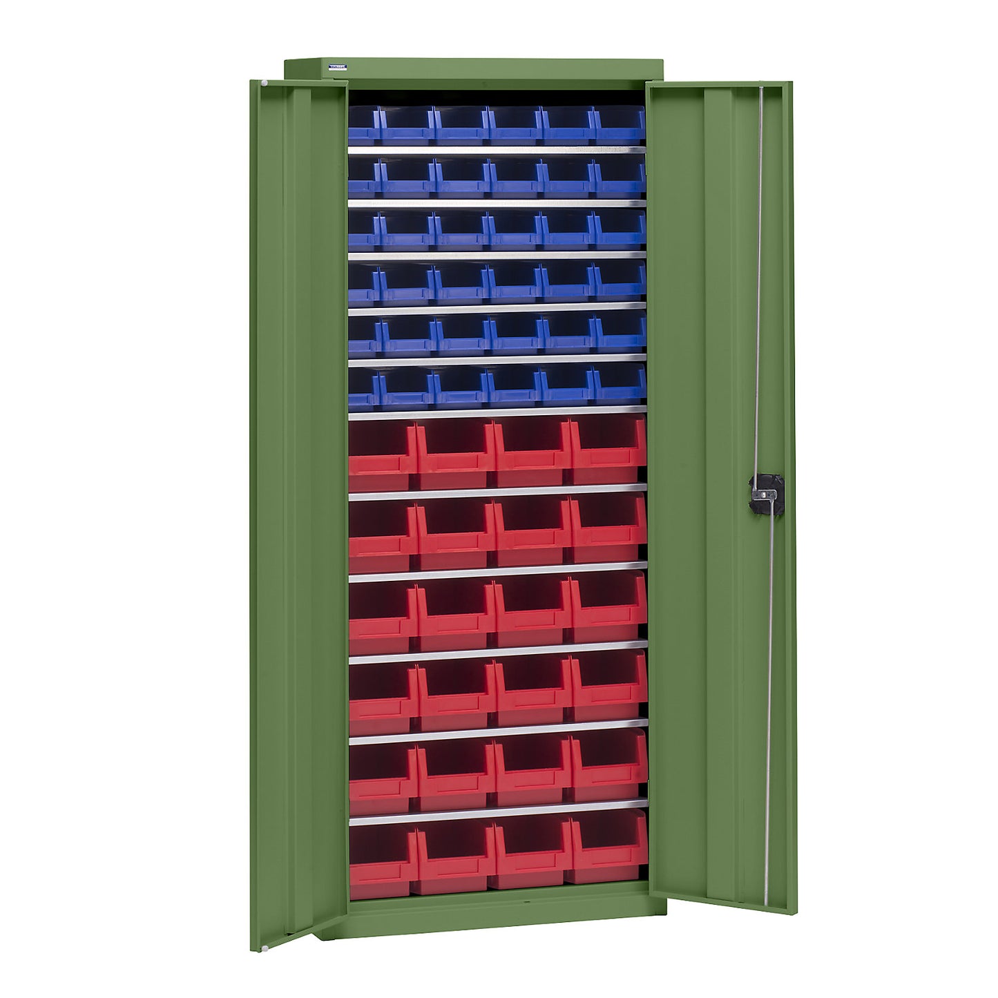 Storage cupboard with storage boxes, height 1575 mm, 11 shelves, reseda green.