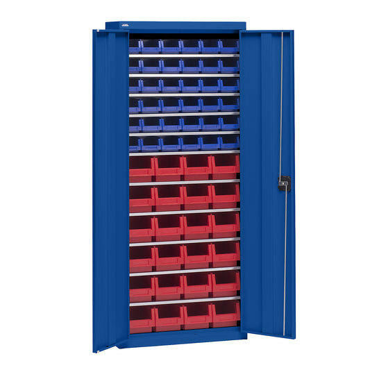 Storage cupboard with storage boxes, height 1575 mm, 11 shelves, gentian blue.