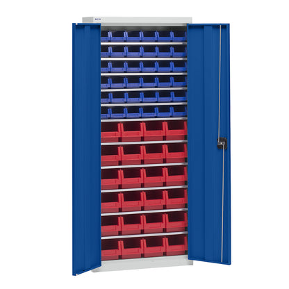 Storage cupboard with storage boxes, height 1575 mm, 11 shelves, light grey / gentian blue.