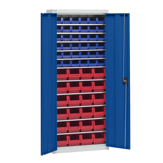 Storage cupboard with storage boxes, height 1575 mm, 11 shelves, light grey / gentian blue.