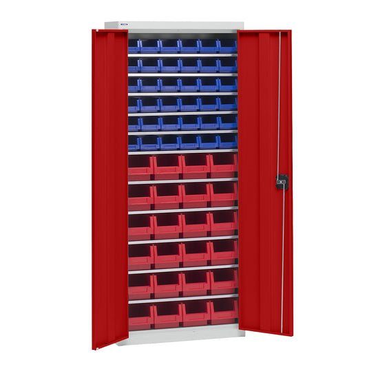 Storage cupboard with storage boxes, height 1575 mm, 11 shelves, light grey / traffic red.