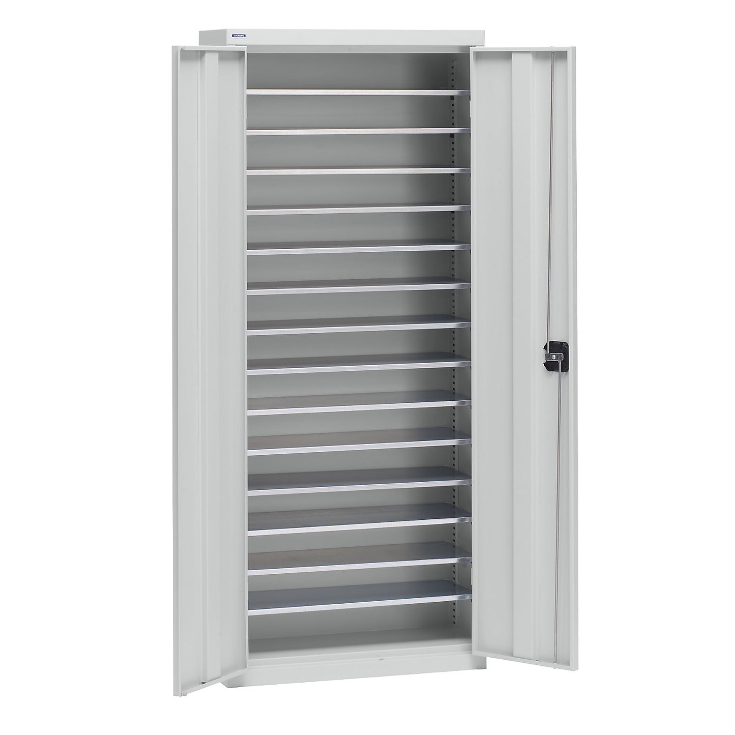 Storage cupboard made of sheet steel, height 1575 mm, light grey RAL 7035, 14 shelves.