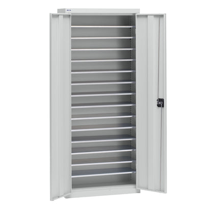 Storage cupboard made of sheet steel, height 1575 mm, light grey RAL 7035, 14 shelves.