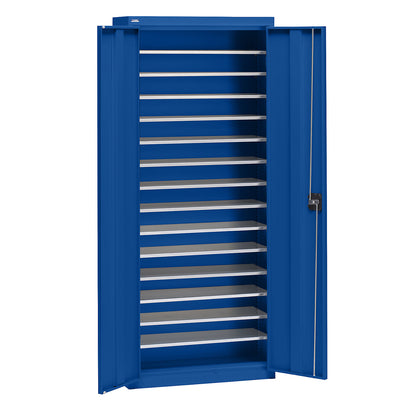 Storage cupboard made of sheet steel, height 1575 mm, gentian blue RAL 5010, 14 shelves.