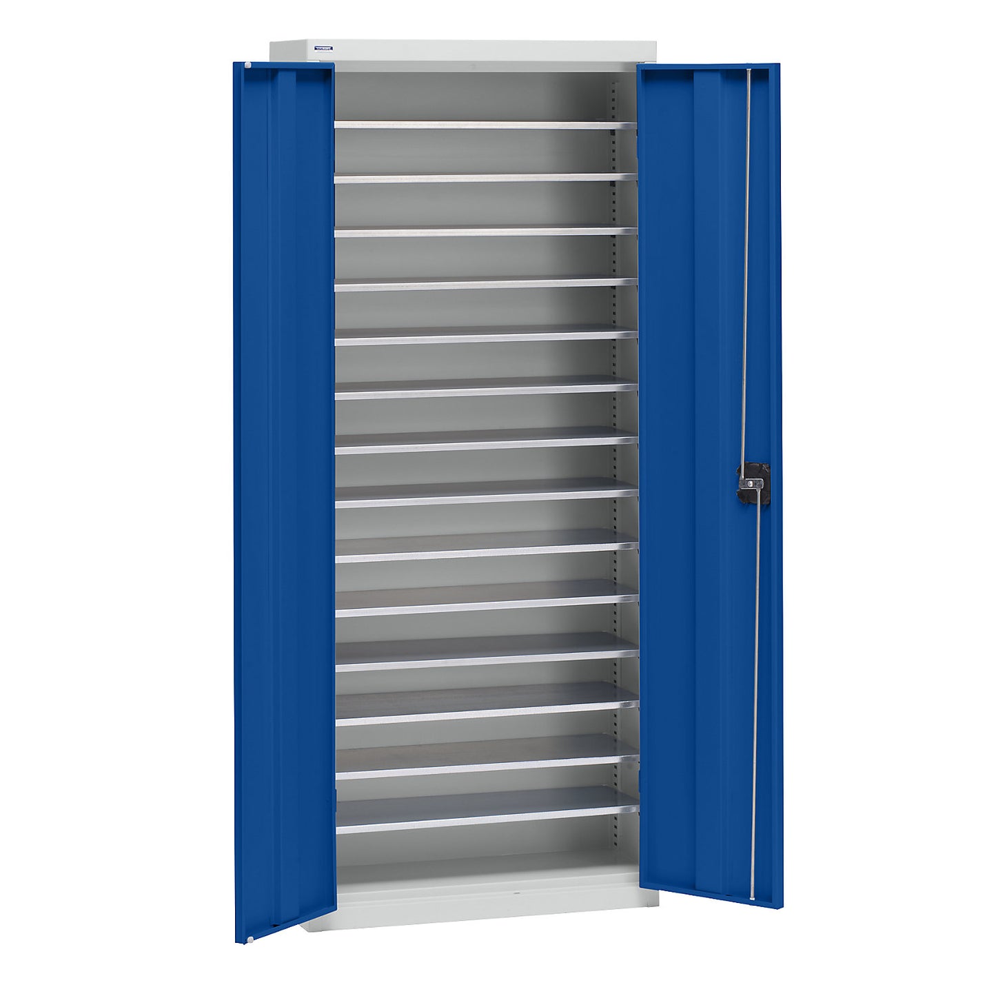 Storage cupboard made of sheet steel, height 1575 mm, light grey RAL 7035 / gentian blue RAL 5010, 14 shelves.