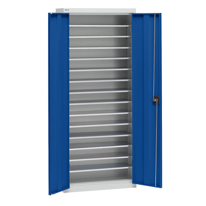 Storage cupboard made of sheet steel, height 1575 mm, light grey RAL 7035 / gentian blue RAL 5010, 14 shelves.