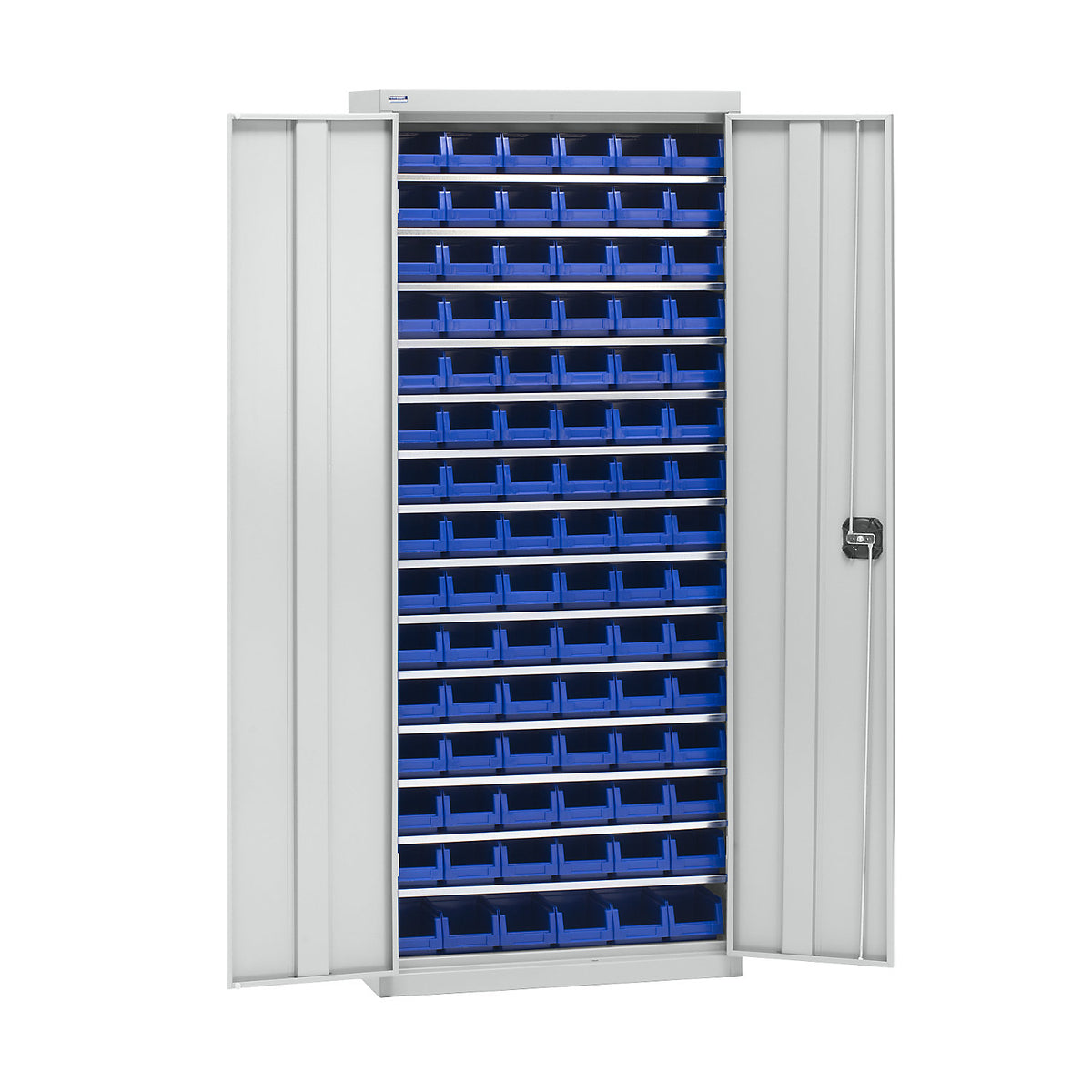 Storage cupboard with storage boxes, height 1575 mm, 14 shelves, light grey.
