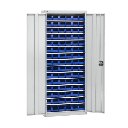 Storage cupboard with storage boxes, height 1575 mm, 14 shelves, light grey.