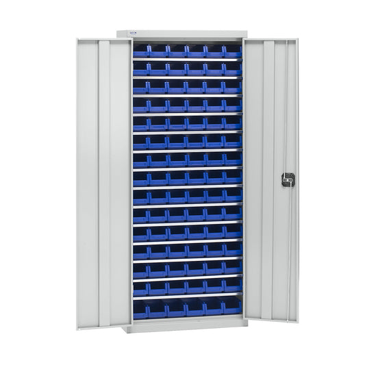 Storage cupboard with storage boxes, height 1575 mm, 14 shelves, light grey.