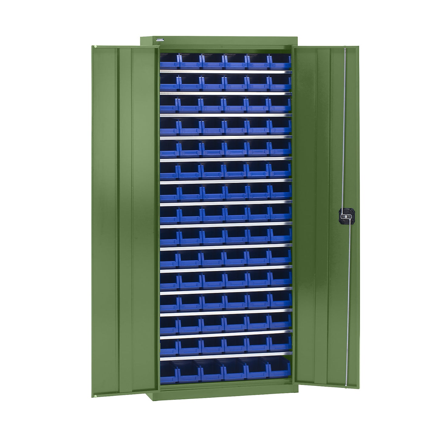 Storage cupboard with storage boxes, height 1575 mm, 14 shelves, reseda green.