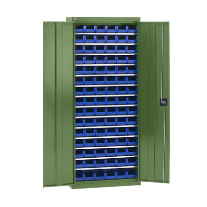 Storage cupboard with storage boxes, height 1575 mm, 14 shelves, reseda green.